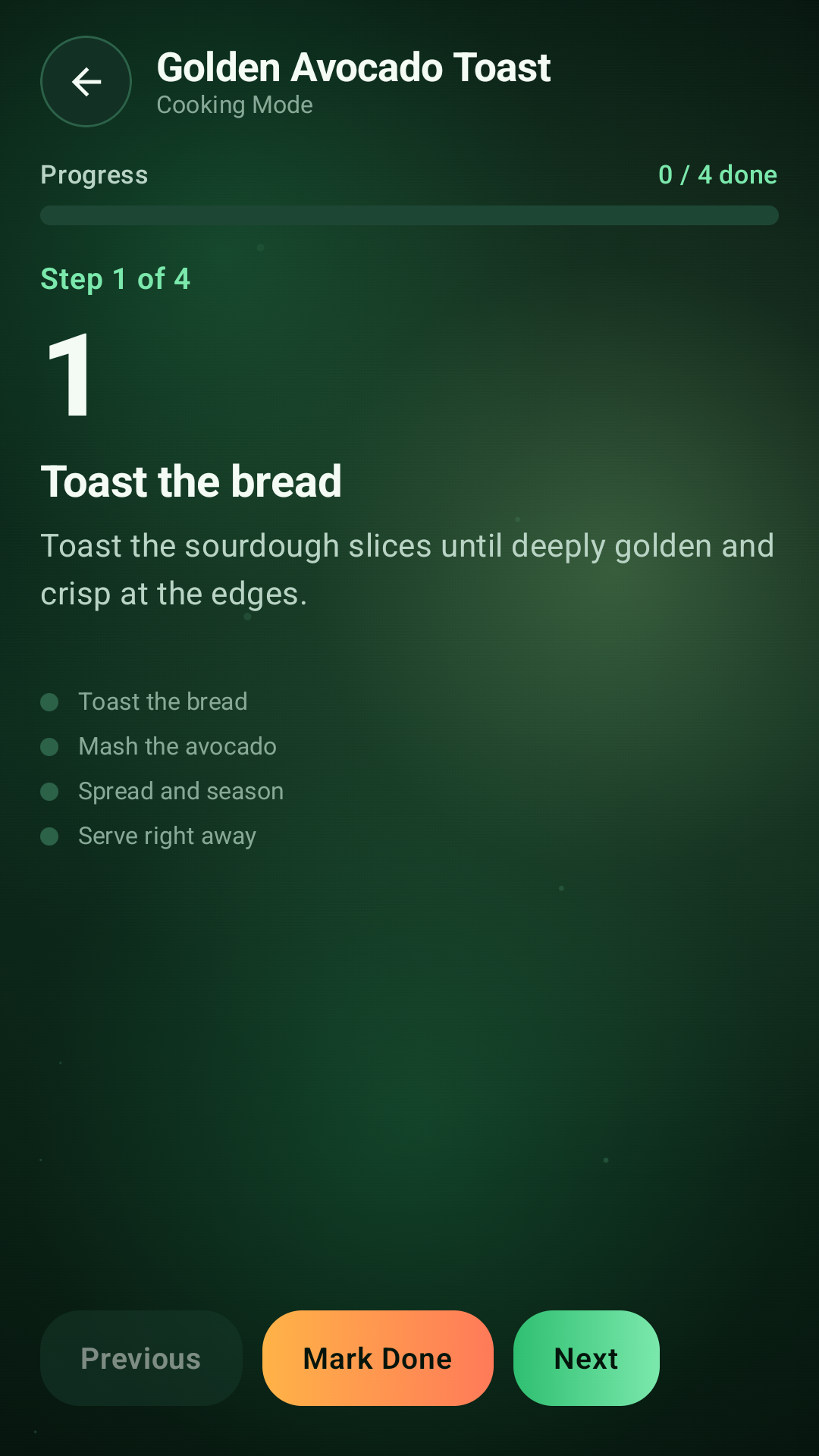 Nourish Guide cooking mode screen