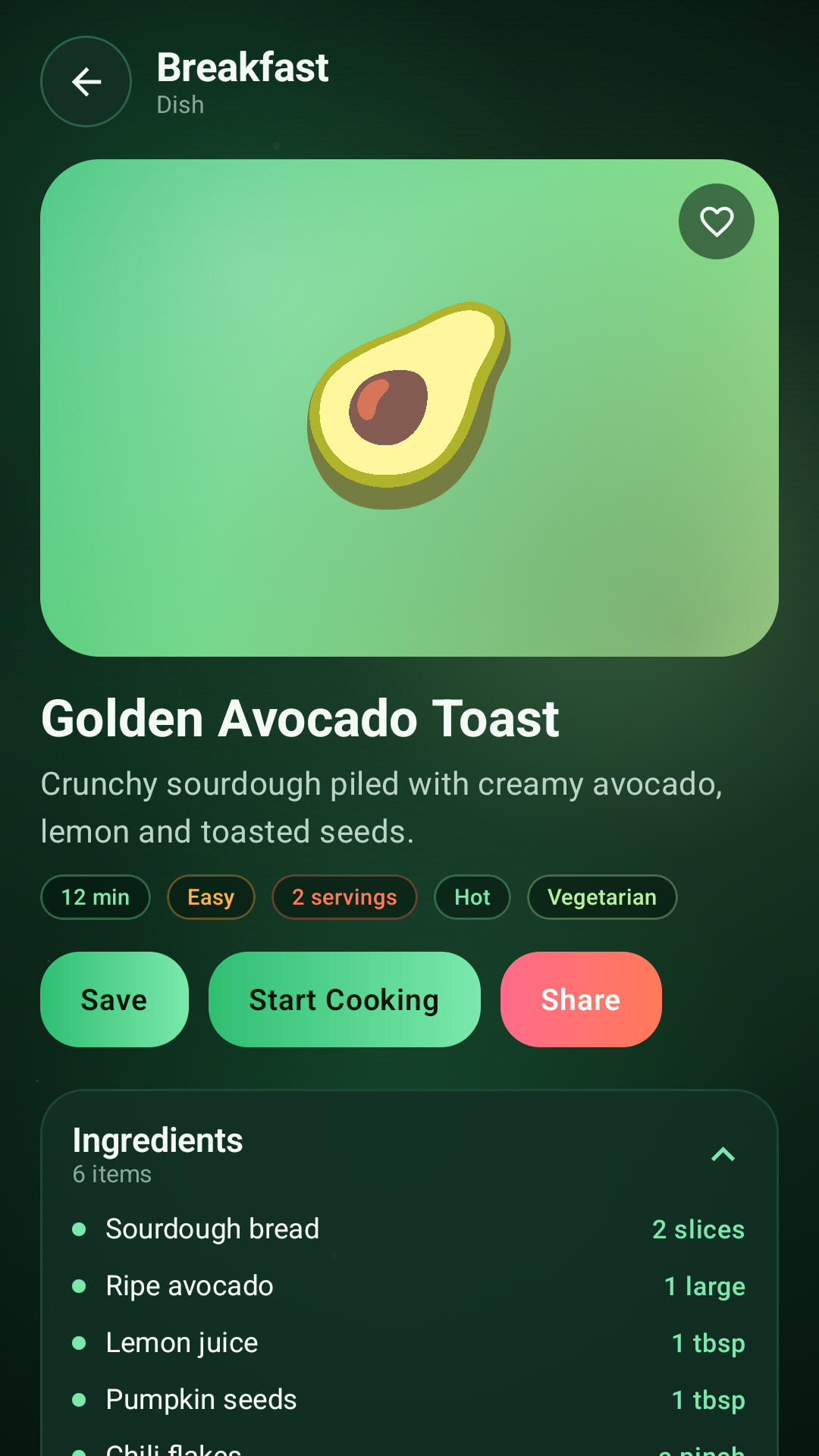 Nourish Guide Golden Avocado Toast recipe screen